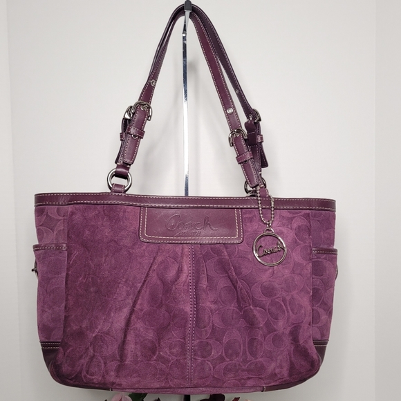 Coach Handbags - Coach Burgundy Suede Leather Logo Medium Satchel Handbag F0973-14000
